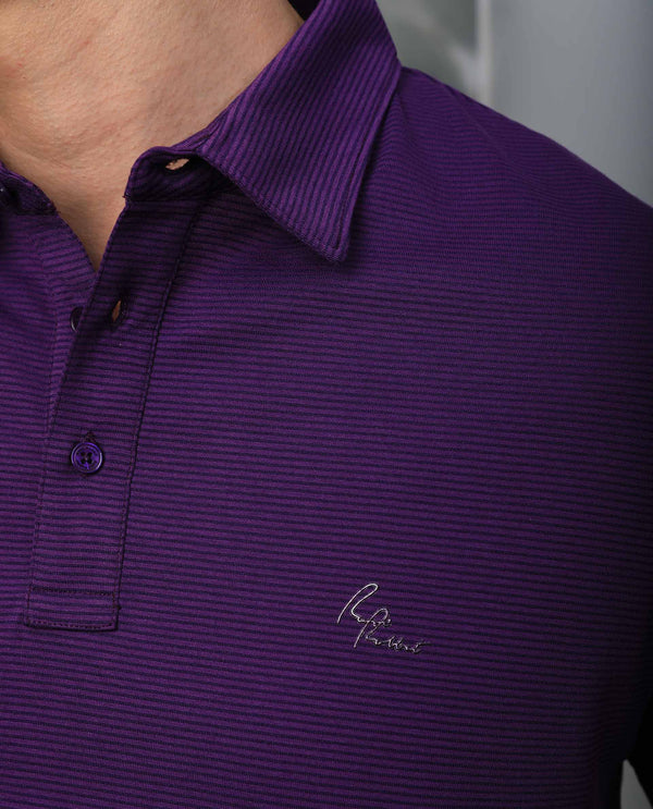Rare Rabbit Men's Tunas Dark Purple Cotton Polyester Fabric Collared Neck Half Sleeves Striped Polo T-Shirt
