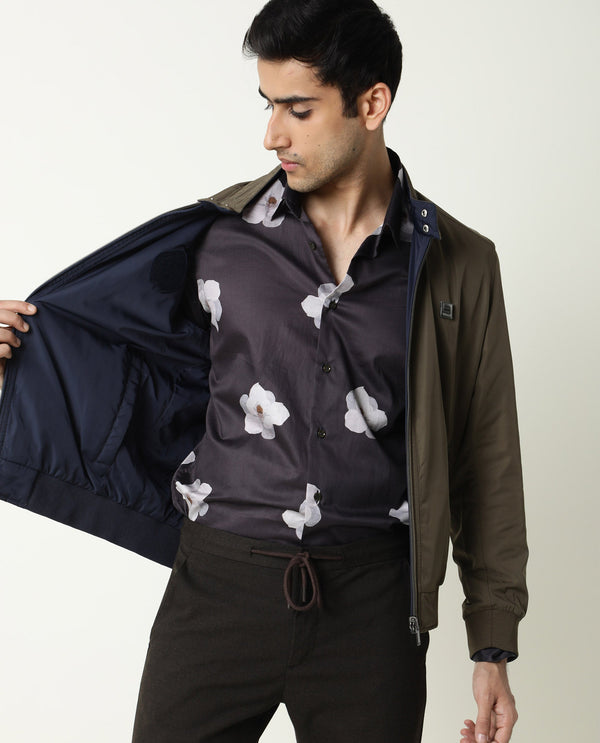 Rare Rabbit Men's Royban Olive Classic Mandarin Collar Bomber Jacket