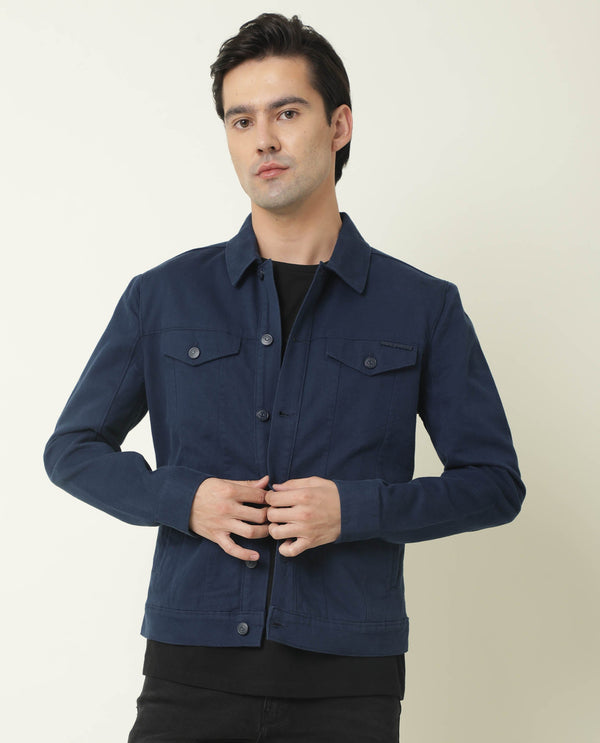 Rare Rabbit Men's Vintage Navy Plain Denim Trucker Jacket