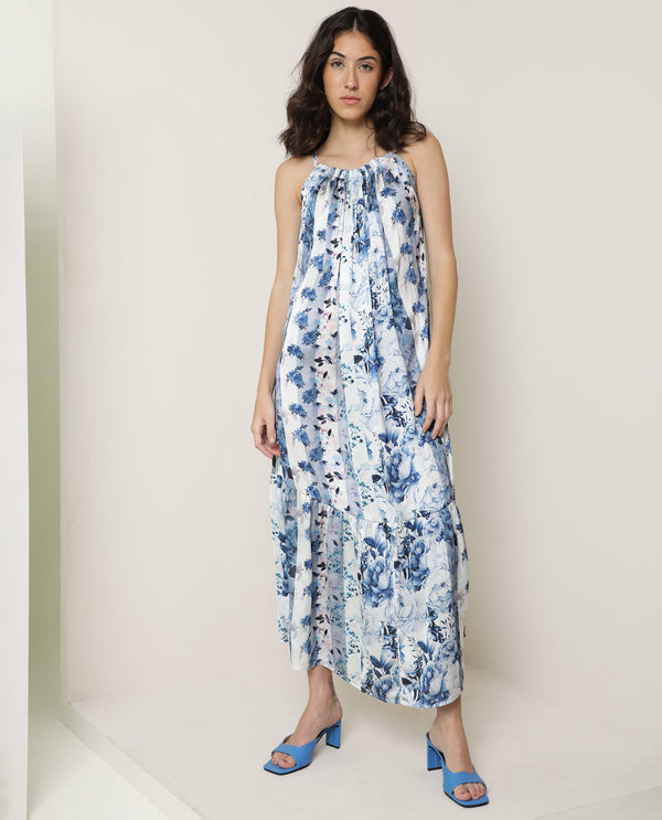Rareism Women's Macy Light Blue Polyester Fabric Shoulder Straps Slip-On Closure Sleeveless Floral Print  Maxi Dress