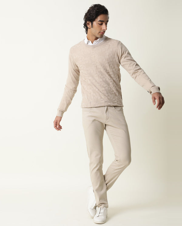 Rare Rabbit Russ Primary Beige Pullover Cotton Fabric Full Sleeve Round Neck Slim Fit