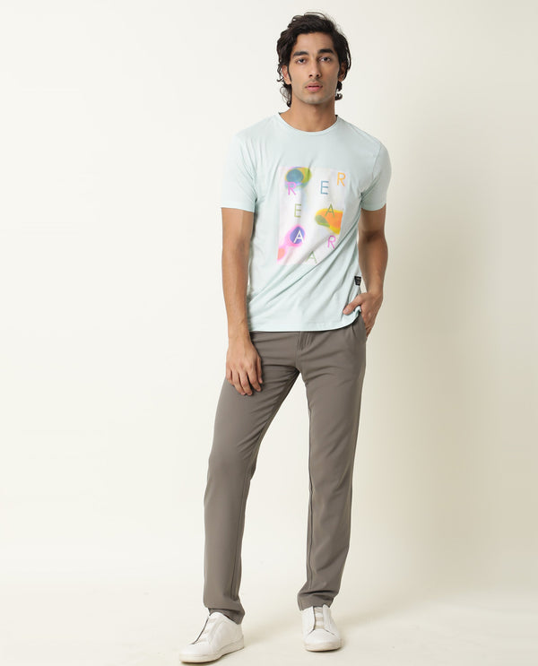Rare Rabbit Men's Monc Blue Crew Neck Discharge Abstract Print With Branding Half Sleeves Slim Fit T-Shirt