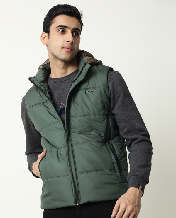 Rare Rabbit Men'S Filly Olive Jacket Polyester Fabric Hooded Neck Sleeve Less Zipper Closure