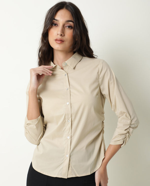 Rareism Womens Mudd Beige Top Cotton Lycra Fabric Regular Fit 3/4 Sleeve Collared Neck