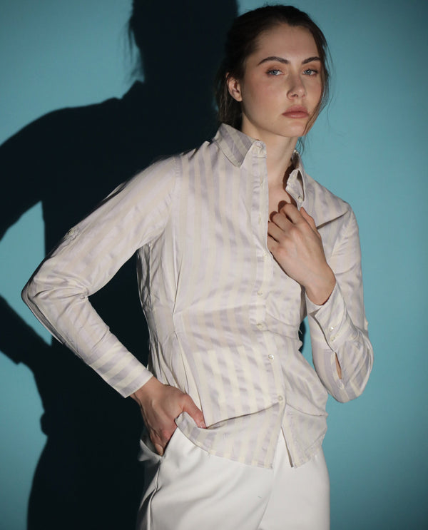 Rareism Women Pickle Yellow Cotton Fabric Regular Fit Shirt Collar Full Sleeves Striped Top