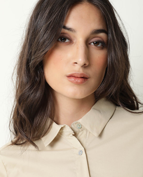 Rareism Womens Mudd Beige Top Cotton Lycra Fabric Regular Fit 3/4 Sleeve Collared Neck