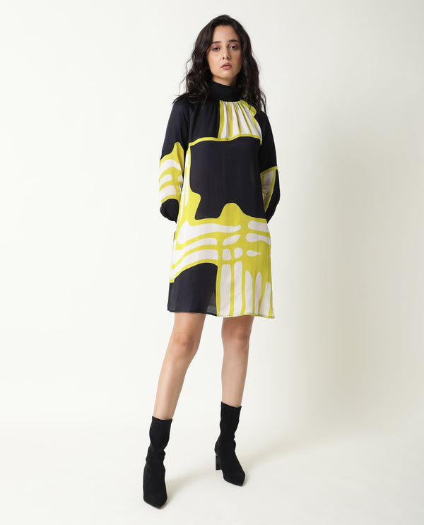 Rareism Women Jolene Black Abstract Print Smocked Neck Full Sleeves With Pockets Mini Dress