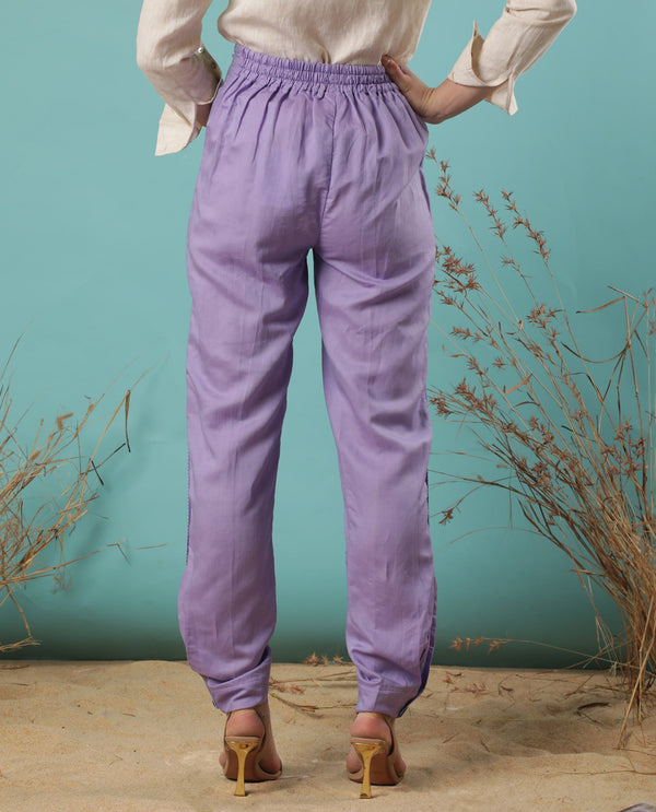 Rareism Women Erin Pastel Purple Modal Linen Fabric Tailored Fit Plain Ankle Length Trousers