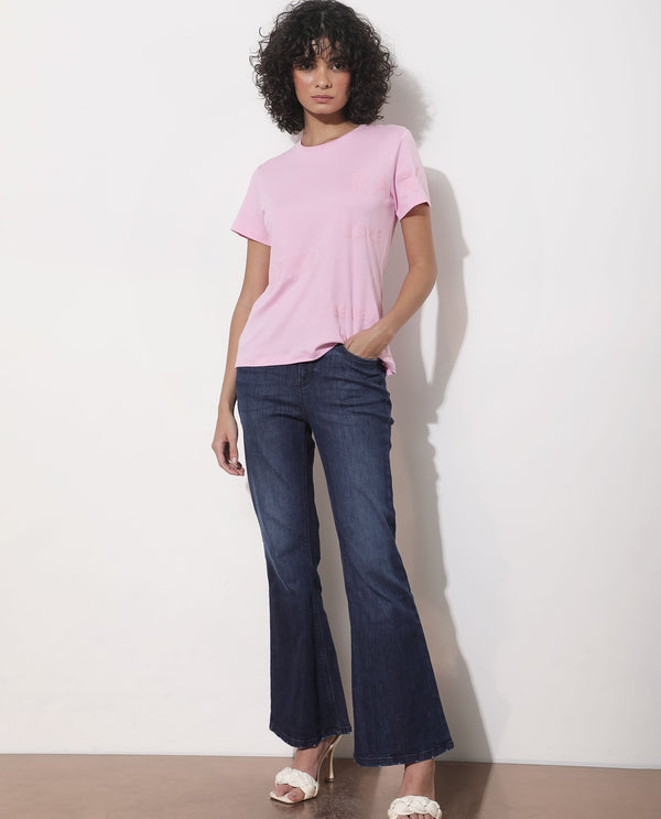 Rareism Women Oratio Pastel Purple Cotton Fabric Short Sleeves Crew Neck Regular Fit Flock Print T-Shirt