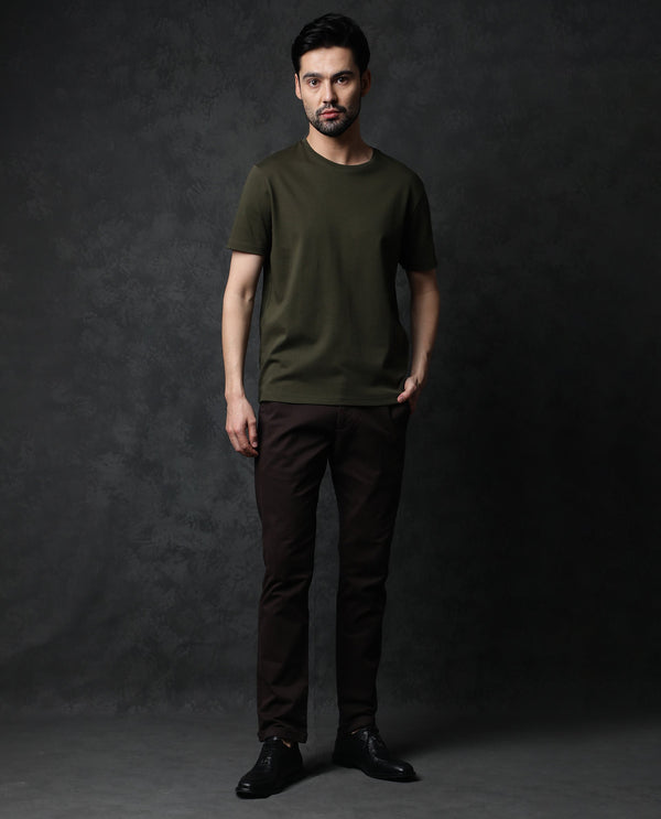 Rare Rabbit Men's Gis Olive Cotton Fabric Crew Neck Half Sleeves Regular Fit Solid T-Shirt