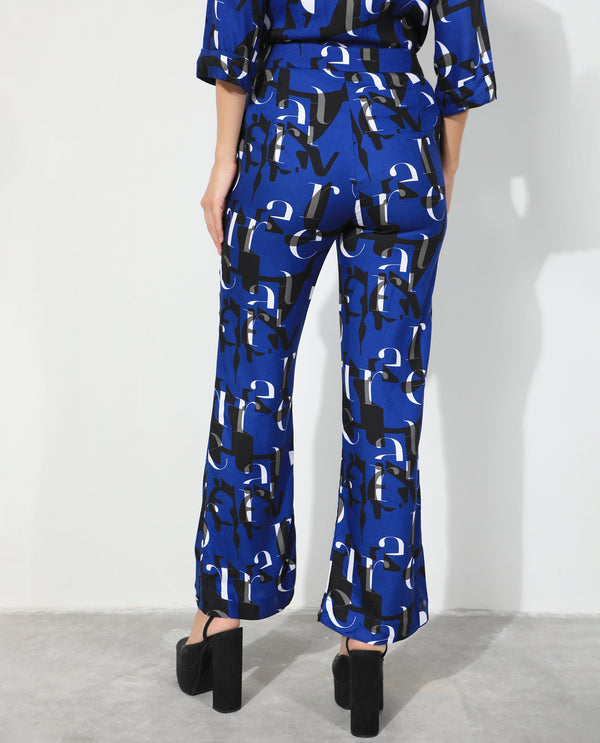 Rareism Women Ryan Blue Viscose Fabric Regular Fit Abstract Print Ankle Length Trousers