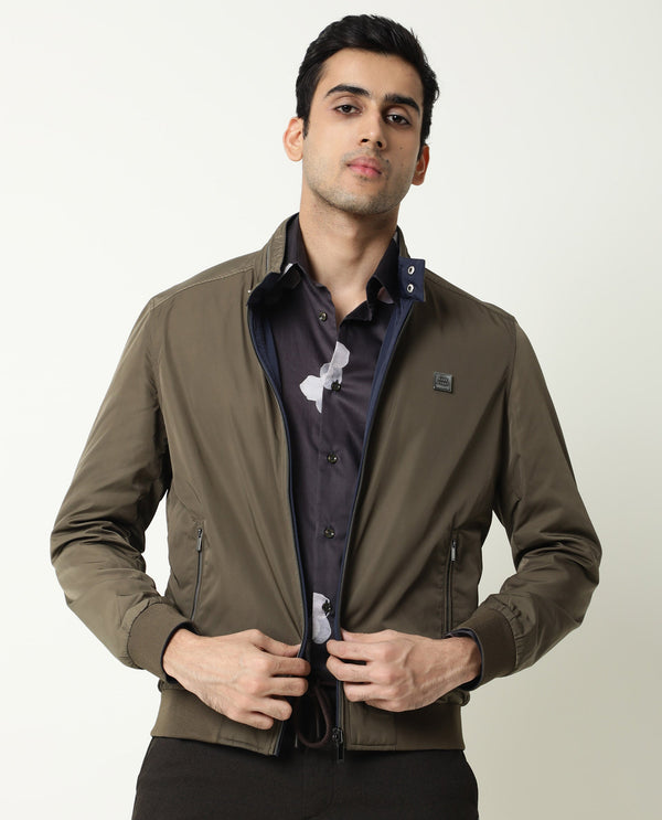 Rare Rabbit Men's Royban Olive Classic Mandarin Collar Bomber Jacket