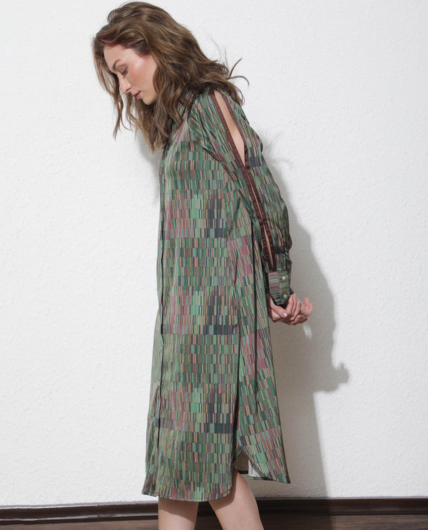 Rareism Women Reign Dark Olive Cotton Fabric Full Sleeves Shirt Collar Geometric Print Maxi Dress