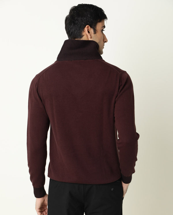 Rare Rabbit Men'S Denver Maroon Pullover Cotton Fabric Cowl Neck Full Sleeves Zipper Closure Slim Fit