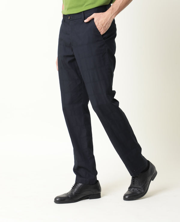 Rare Rabbit Men's Alvas Solid Navy Mid-Rise Regular Fit Trouser