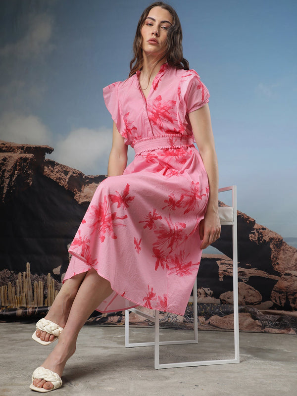 Rareism Women Octane Light Pink Cotton Fabric Short Sleeves Button Closure Mandarin Collar Extended Sleeve Regular Fit Abstract Print Knee Length Flared Dress