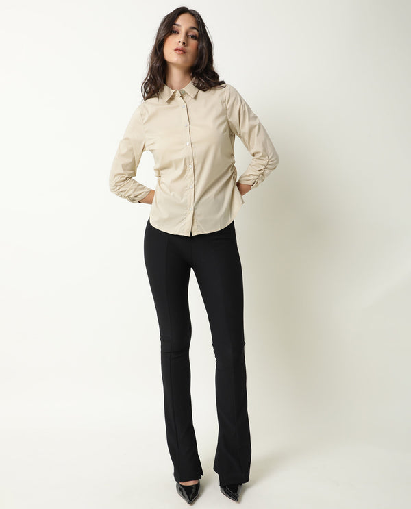 Rareism Womens Mudd Beige Top Cotton Lycra Fabric Regular Fit 3/4 Sleeve Collared Neck