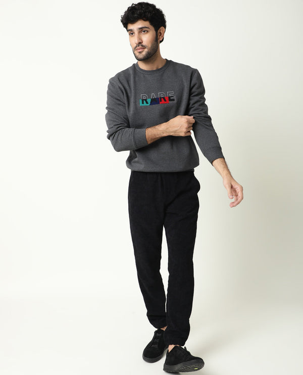 Rare Rabbit Mens Floki Black Cotton Polyester Fabric Crew Neck Full Sleeves Slim Fit Sweatshirt