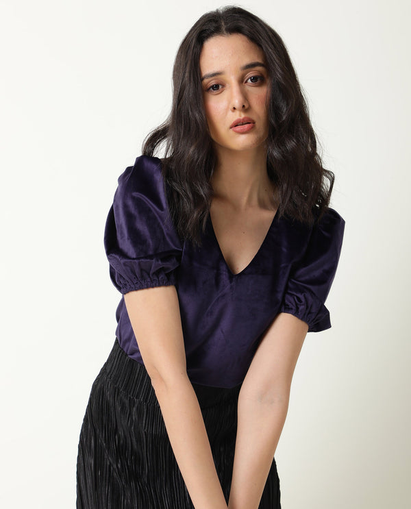 Rareism Womens Mun Navy Top Suede Fabric  Half Sleeve V Neck