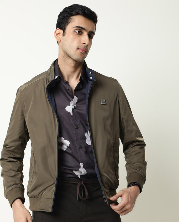 Rare Rabbit Men's Royban Olive Classic Mandarin Collar Bomber Jacket