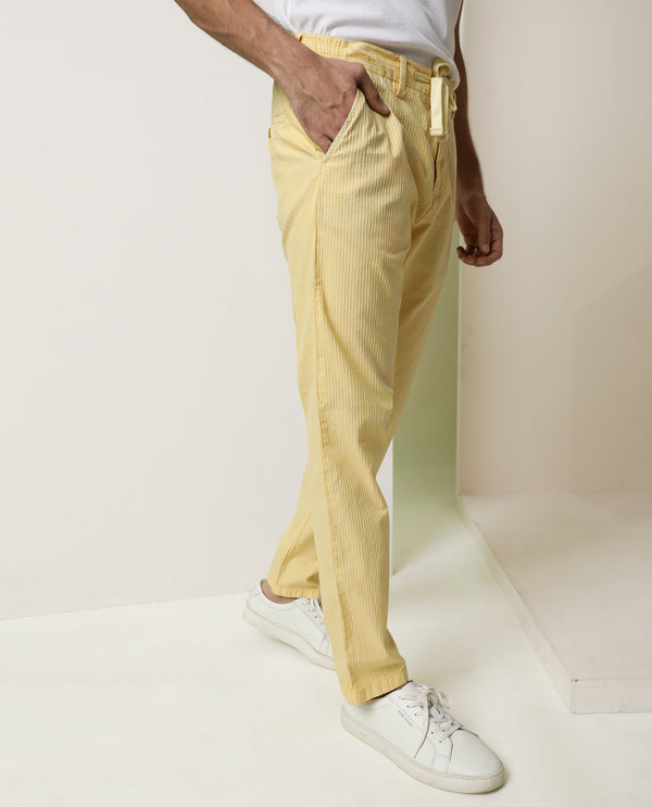 Rare Rabbit Men's Monter Mustard Stripe Dobby Mid-Rise With Drawstring And Elastic Waistband Regular Fit Trouser