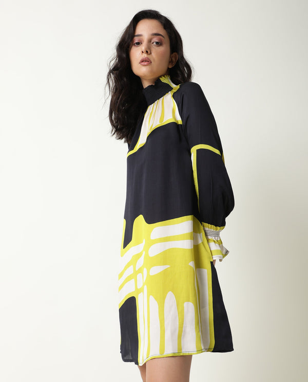 Rareism Women Jolene Black Abstract Print Smocked Neck Full Sleeves With Pockets Mini Dress