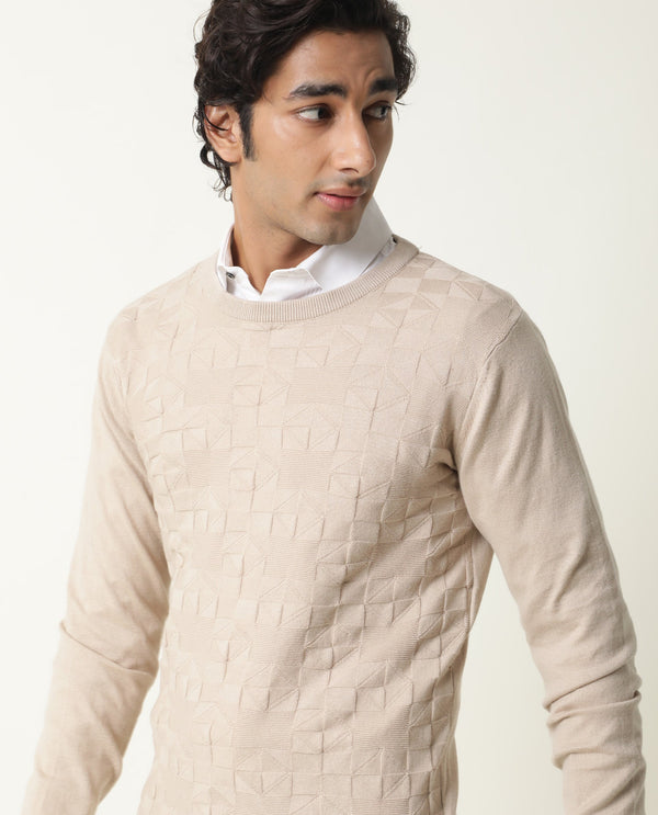 Rare Rabbit Russ Primary Beige Pullover Cotton Fabric Full Sleeve Round Neck Slim Fit
