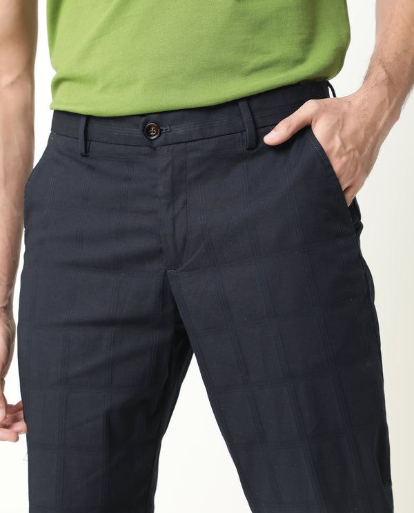 Rare Rabbit Men's Alvas Solid Navy Mid-Rise Regular Fit Trouser
