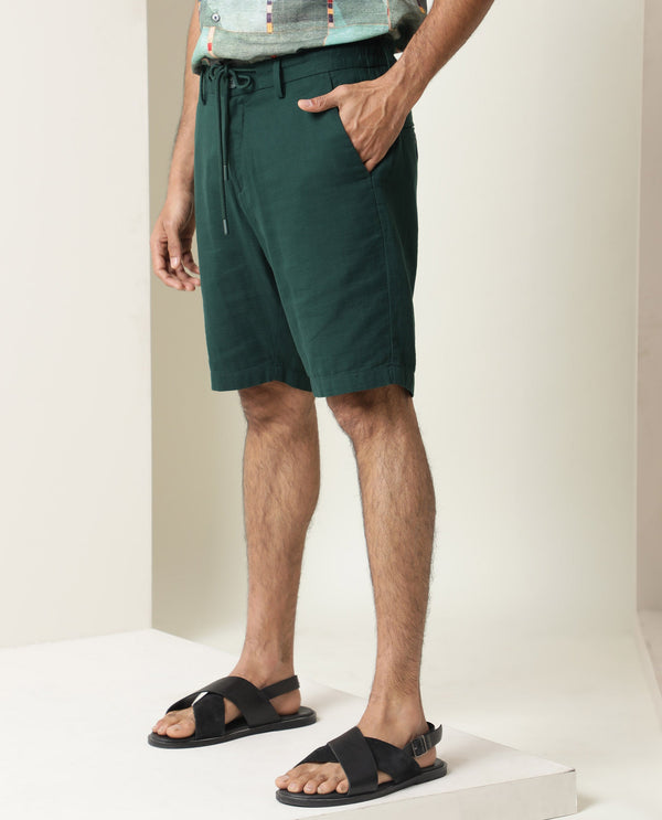 Rare Rabbit Men's Pinto Dark Green Cotton Fabric Drawstring Mid Rise Shorts