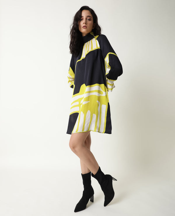 Rareism Women Jolene Black Abstract Print Smocked Neck Full Sleeves With Pockets Mini Dress
