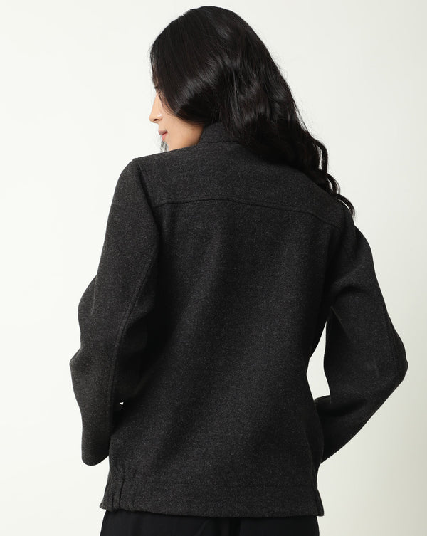Rareism Women Comico Black Polyester Fabric Full Sleeves Solid Mandarin Collar Jacket