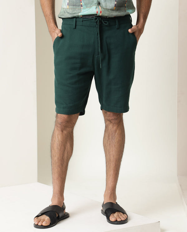 Rare Rabbit Men's Pinto Dark Green Cotton Fabric Drawstring Mid Rise Shorts