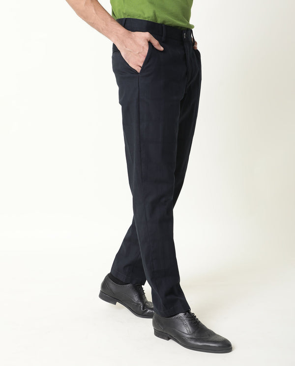 Rare Rabbit Men's Alvas Solid Navy Mid-Rise Regular Fit Trouser