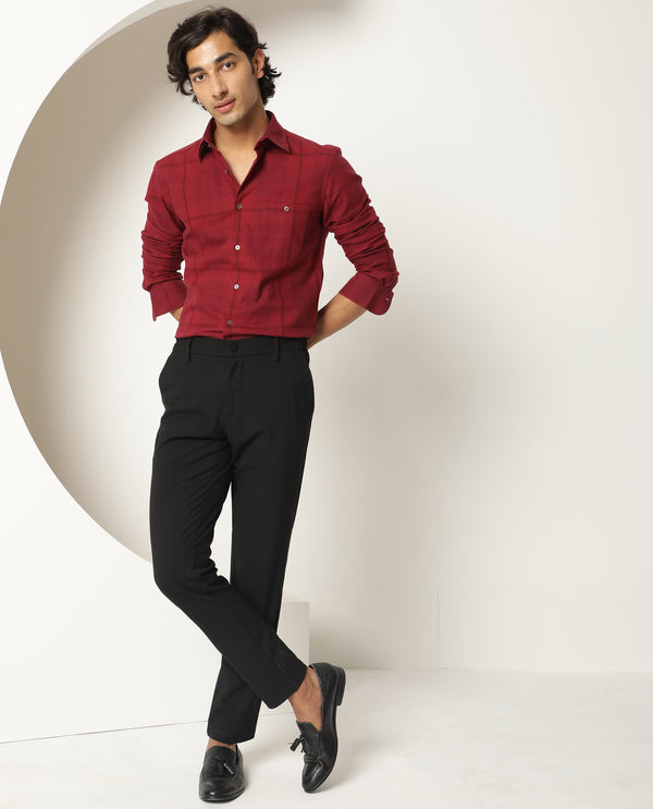 Rare Rabbit Men's Gareth Maroon Cotton Fabric Full Sleeves Checks Shirt