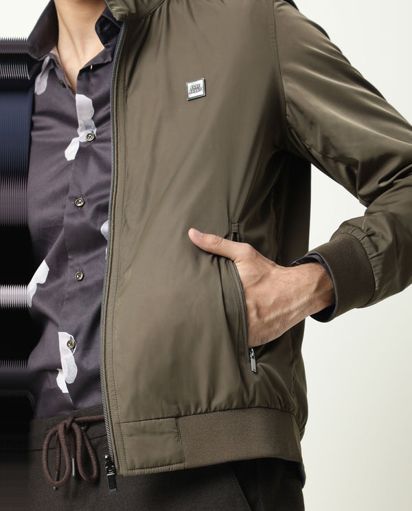 Rare Rabbit Men's Royban Olive Classic Mandarin Collar Bomber Jacket