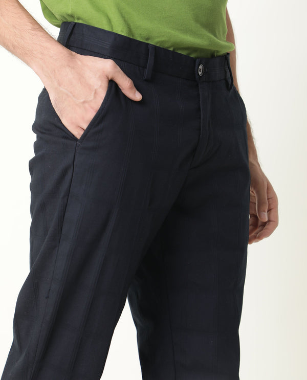 Rare Rabbit Men's Alvas Solid Navy Mid-Rise Regular Fit Trouser