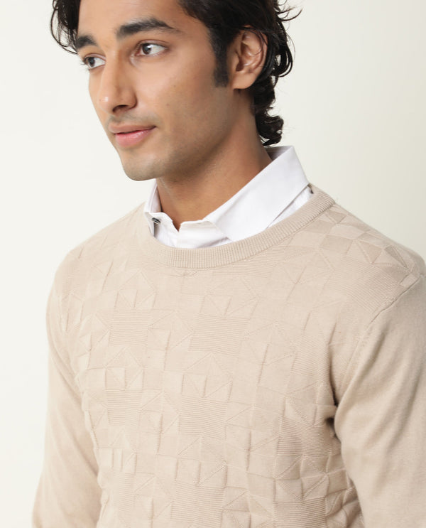 Rare Rabbit Russ Primary Beige Pullover Cotton Fabric Full Sleeve Round Neck Slim Fit