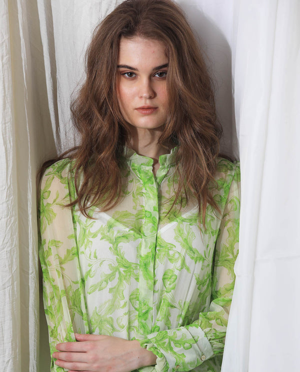 Rareism Women's Quin Green Polyester Fabric Ruffled Neck Button Closure Ruffled Sleeve Floral Print  Knee Length Dress