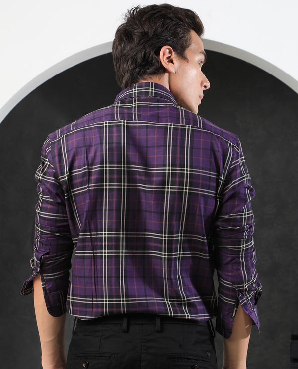 Rare Rabbit Men's Brutons Purple Cotton Fabric Full Sleeves Twill Checks Shirt