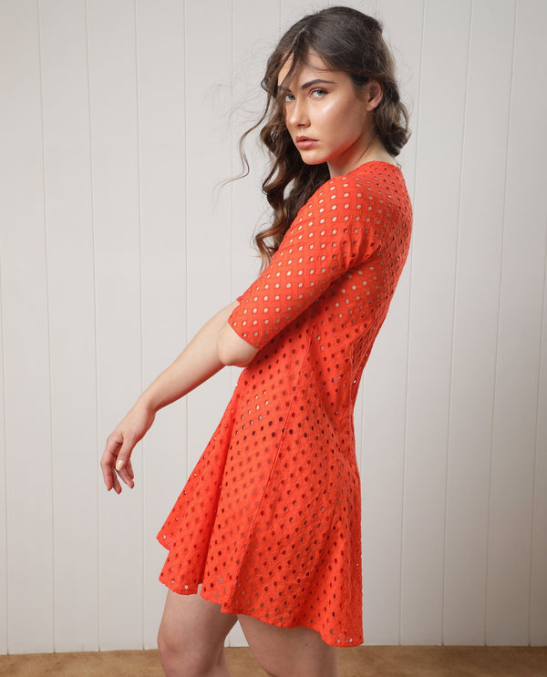 Rareism Women Bex Fluorescent Orange Cotton Fabric Short Sleeves Tie-Up Neck Regular Fit Schiffili Knee Length Empire Dress