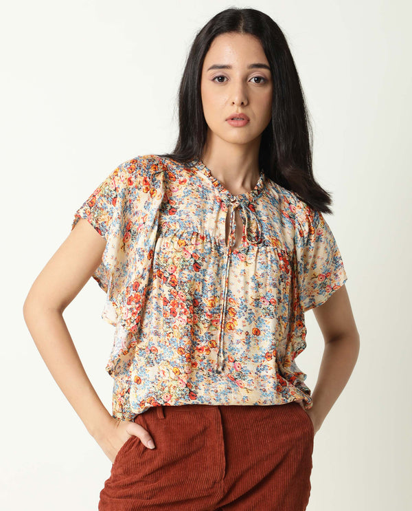 Rareism Women Nigel Off White Cotton Silk Fabric Relaxed Fit Tie-Up Neck Half Sleeves Floral Print Top