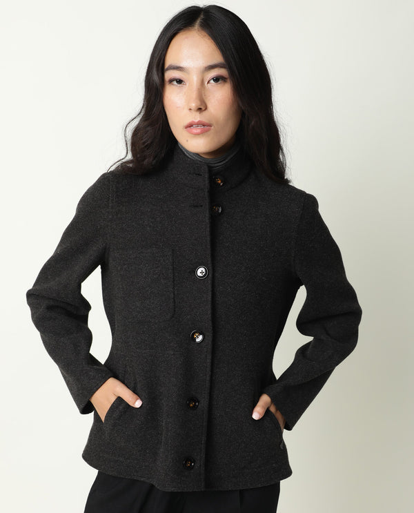 Rareism Women Comico Black Polyester Fabric Full Sleeves Solid Mandarin Collar Jacket