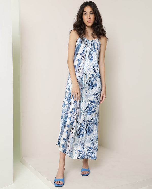 Rareism Women's Macy Light Blue Polyester Fabric Shoulder Straps Slip-On Closure Sleeveless Floral Print  Maxi Dress