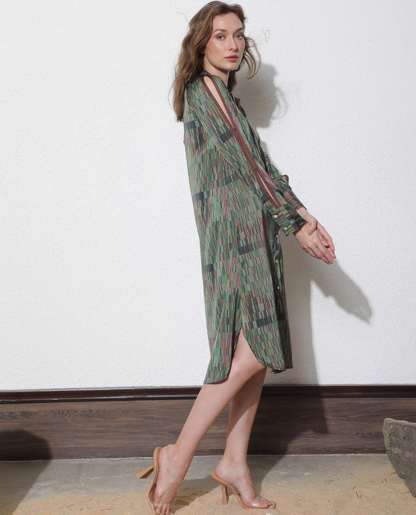 Rareism Women Reign Dark Olive Cotton Fabric Full Sleeves Shirt Collar Geometric Print Maxi Dress