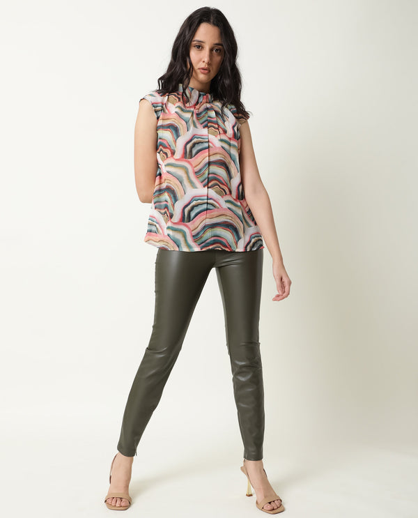 Rareism Women Colette Multi Polyester Fabric Regular Fit High Neck Sleeveless Abstract Print Top