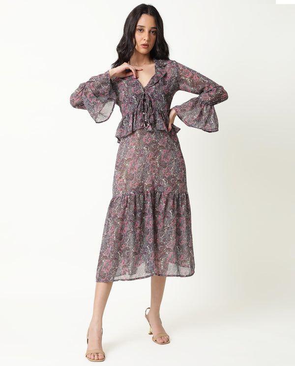 Rareism Women Hilda Pink Abstract Print V Neck Double Spaghetti Straps Tiered Midi Dress