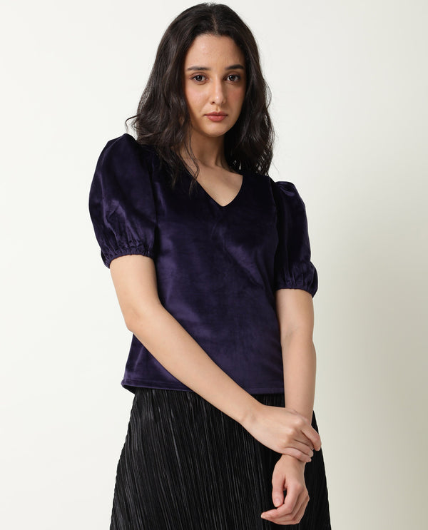 Rareism Womens Mun Navy Top Suede Fabric  Half Sleeve V Neck