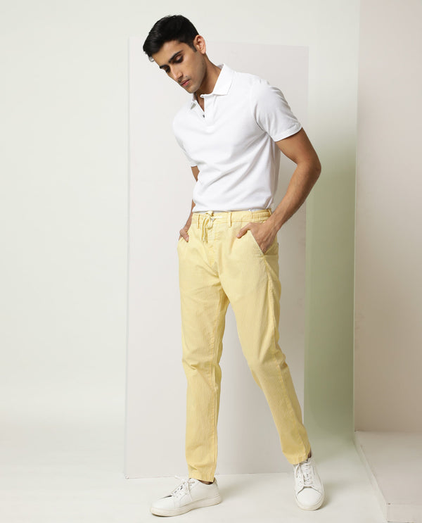 Rare Rabbit Men's Monter Mustard Stripe Dobby Mid-Rise With Drawstring And Elastic Waistband Regular Fit Trouser