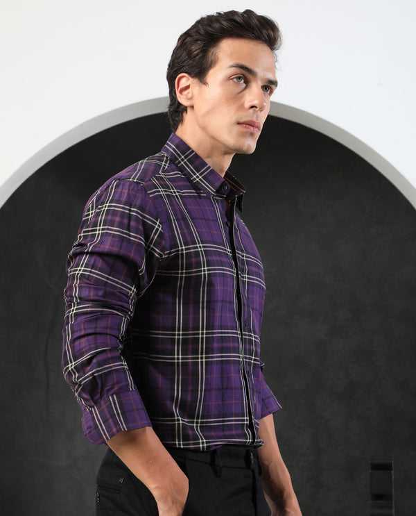 Rare Rabbit Men's Brutons Purple Cotton Fabric Full Sleeves Twill Checks Shirt