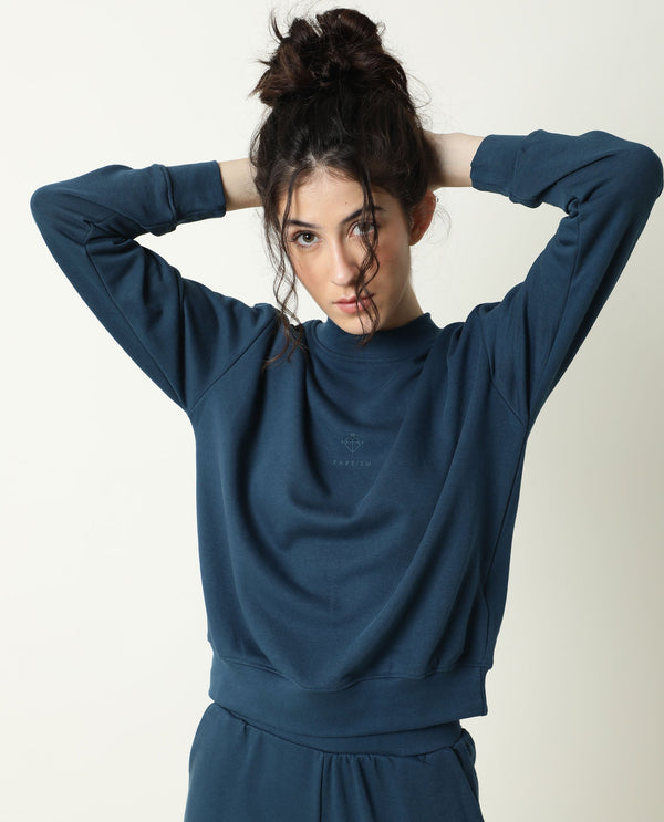 Rareism Women Necker Petrol  Relaxed Fit Full Sleeves Solid High Neck Sweatshirt